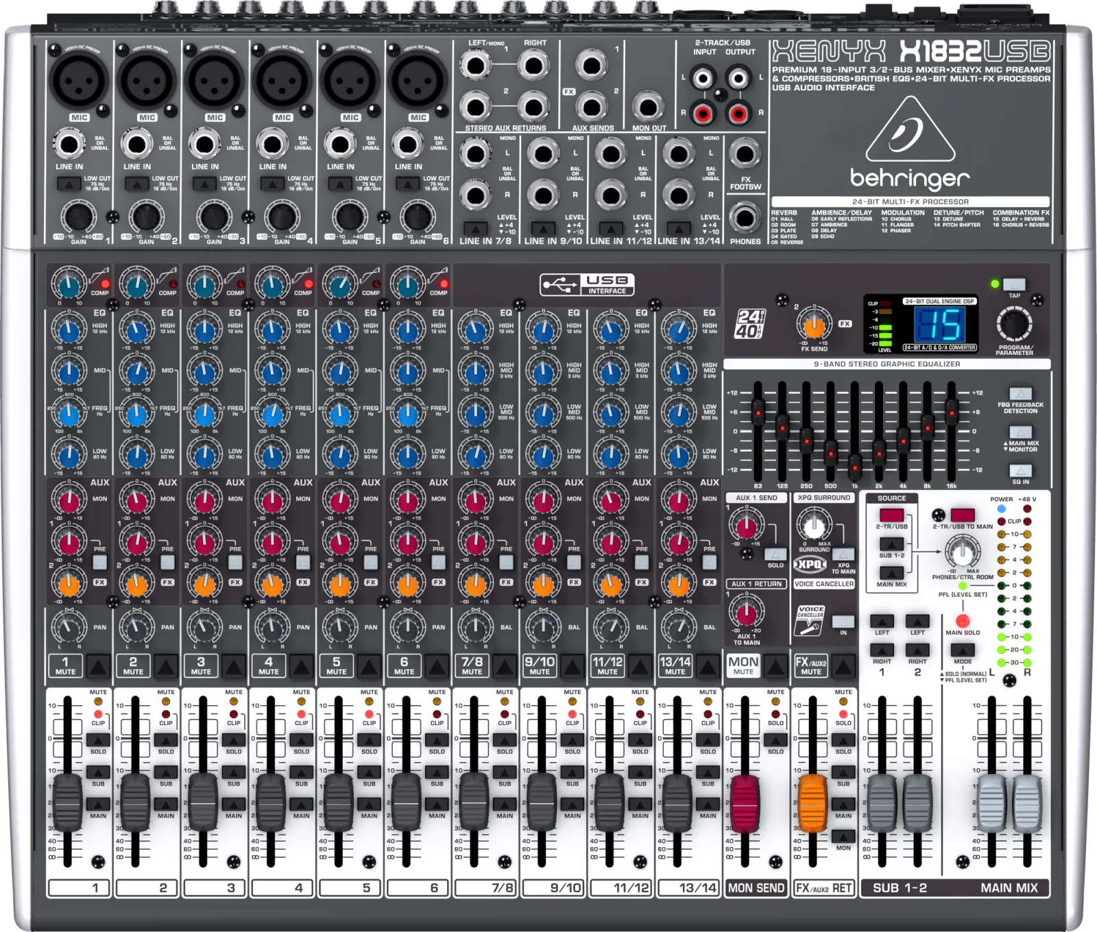 Behringer XENYX X1832USB keverő effekt processzorral 18 bemenet 3/2 Bus