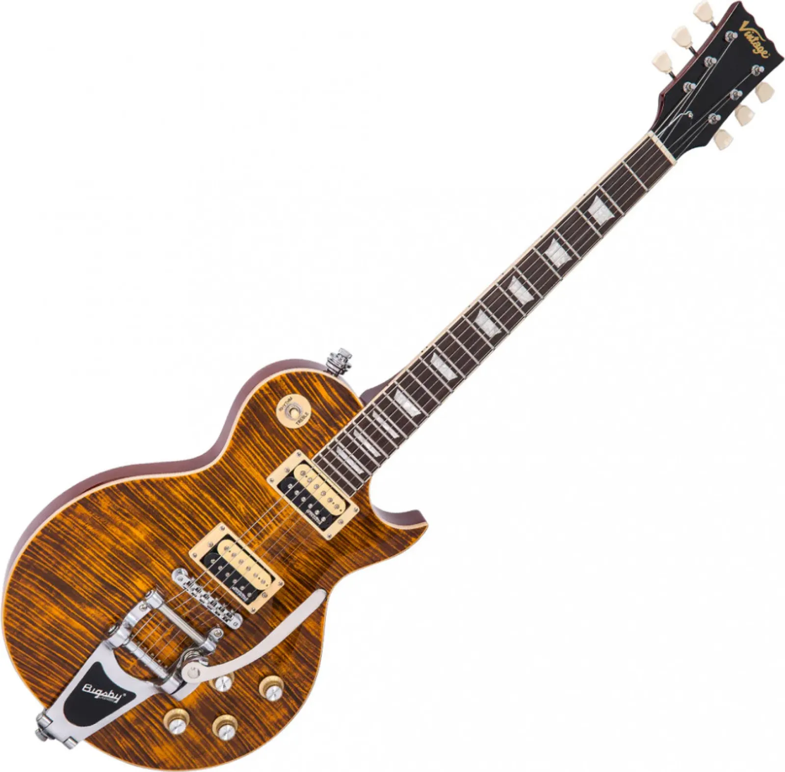 Vintage V100AMB Les Paul Electric Guitar in Flamed Amber