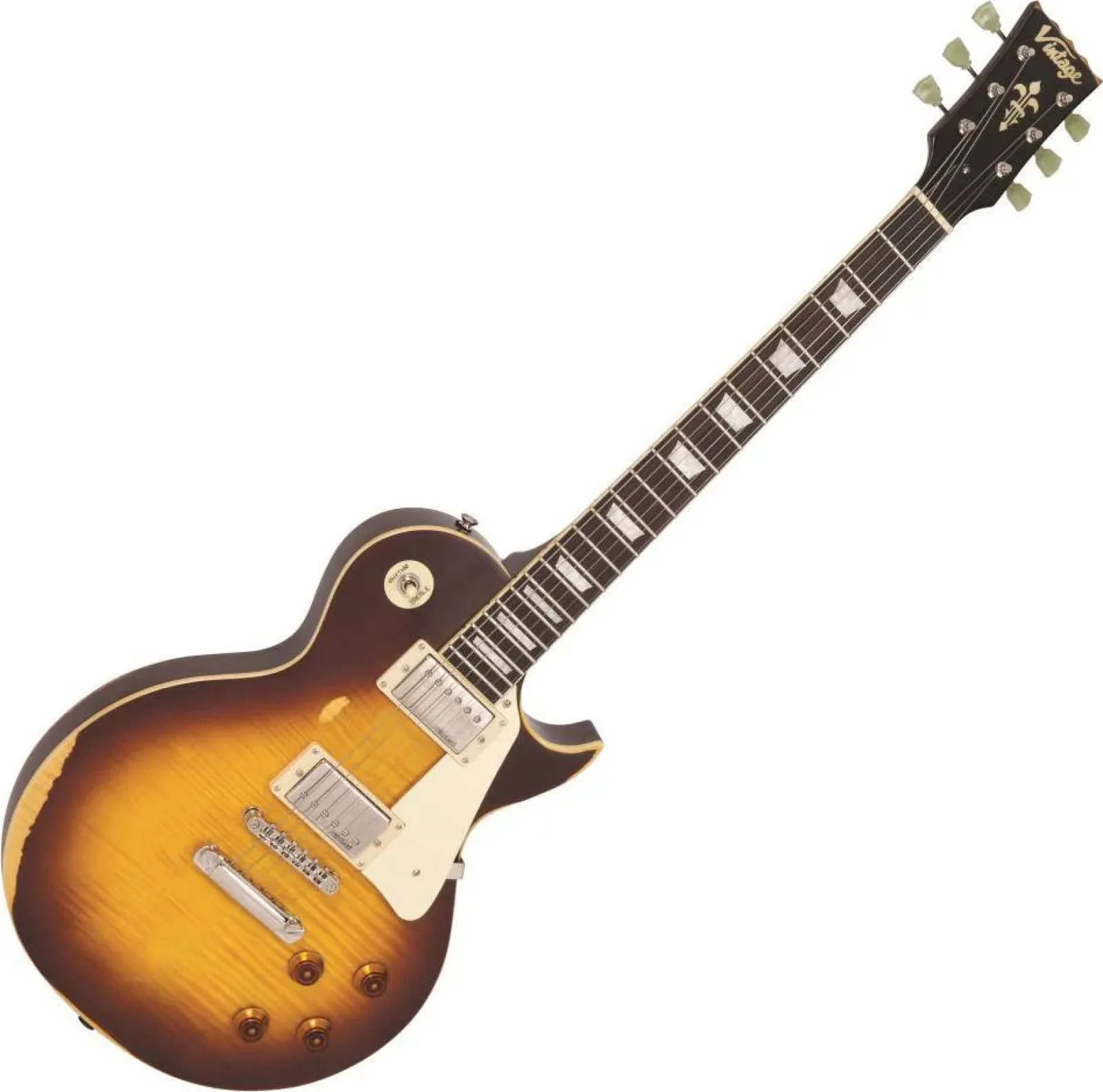 Vintage V100MRTSB Electric Guitar, Distressed Tobacco Sunburst